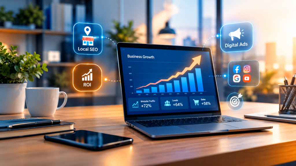 Modern widescreen banner illustrating small business growth, digital marketing, and upward-trending analytics.